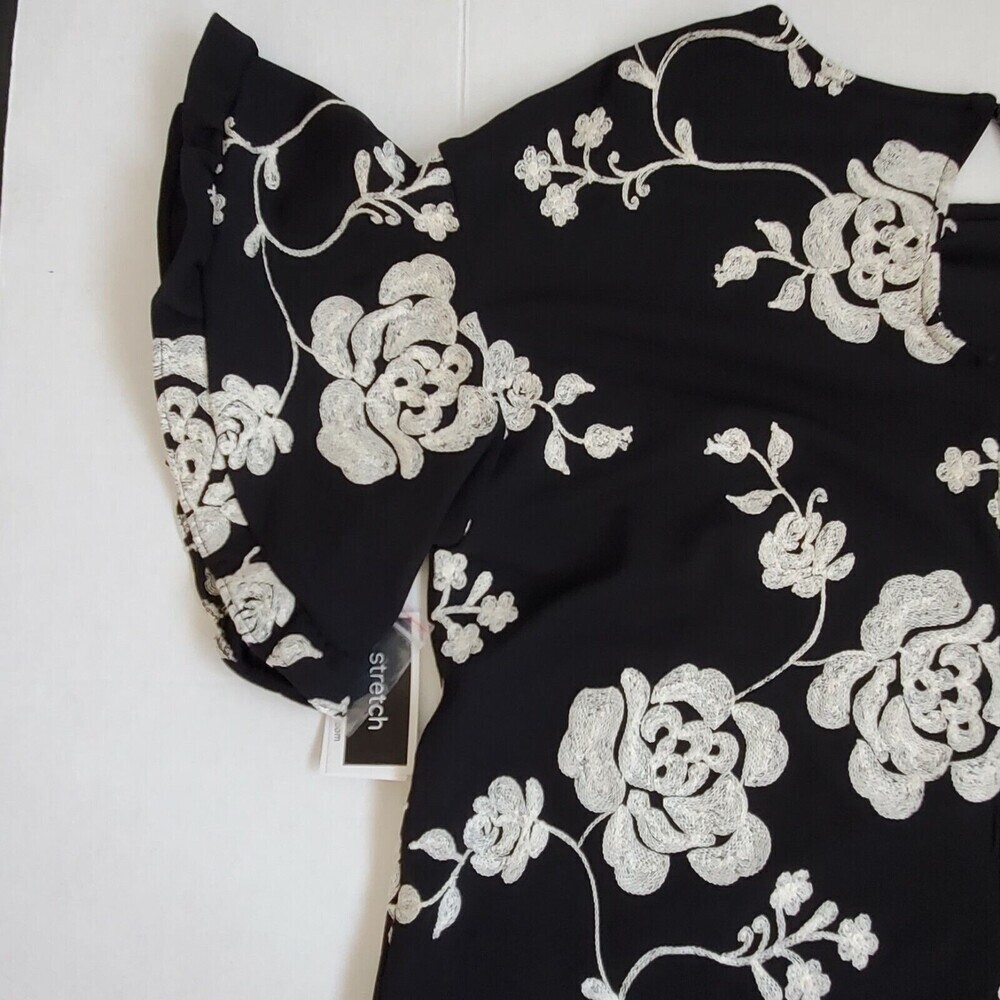 Beige Eci Roses Blouse Embroidered Womens‎ XL Flare Sleeves Party Black - Picture 9 of 13